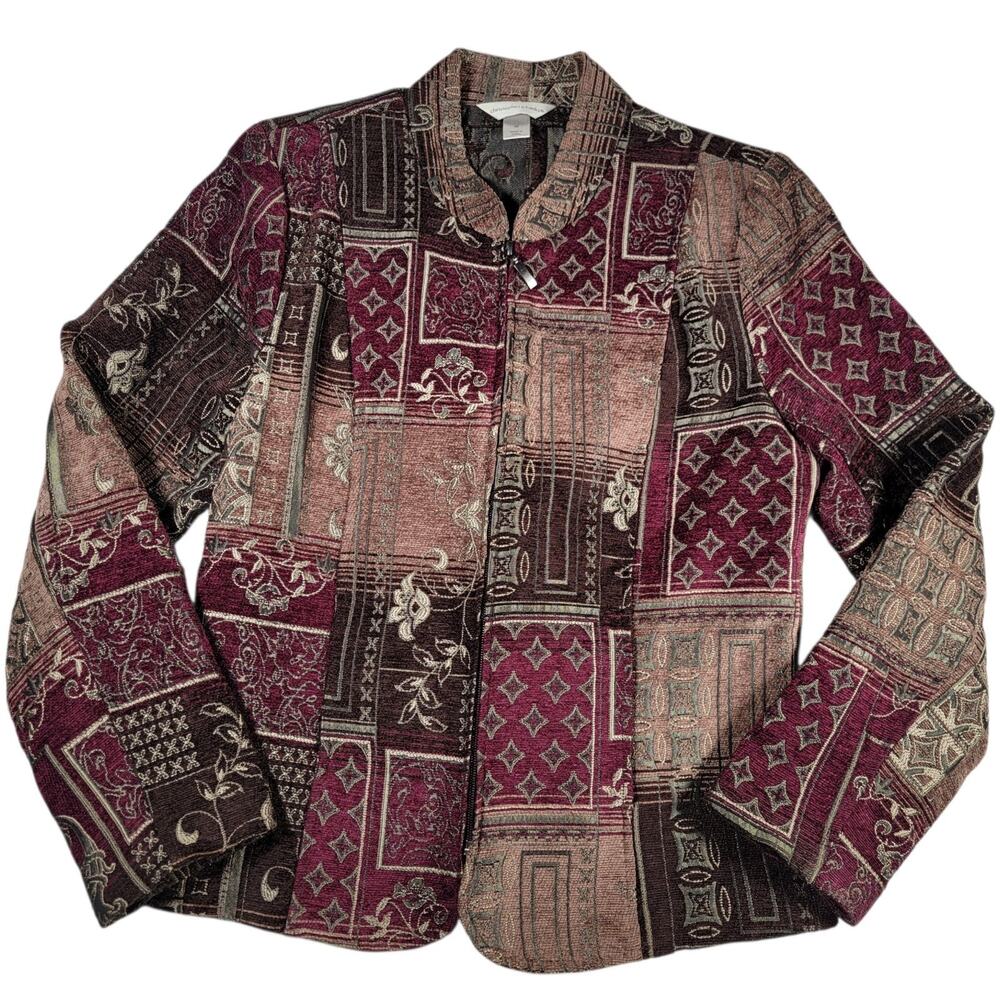 Christopher & Banks Women's Medium Paisley Zip Jacket Burgundy Patchwork Boho